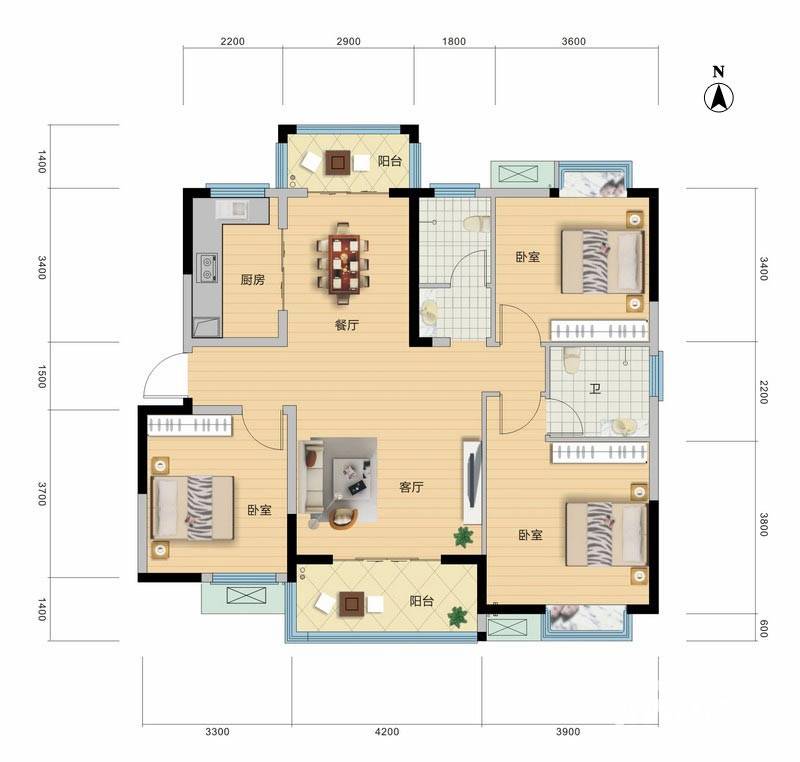 地华梅溪湖畔3室2厅2卫121.2㎡户型图