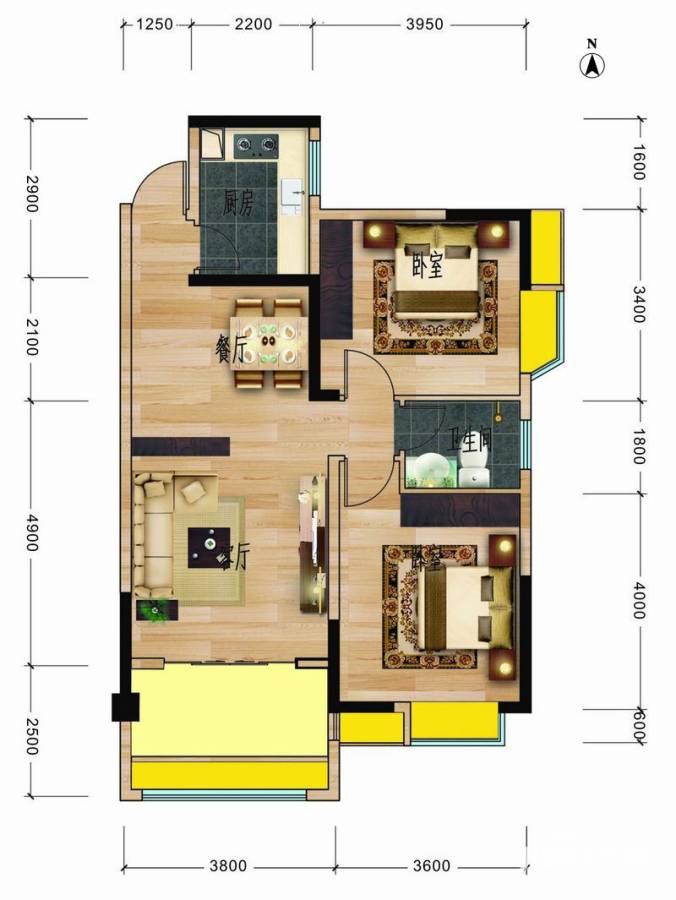 地华梅溪湖畔2室2厅1卫86.7㎡户型图