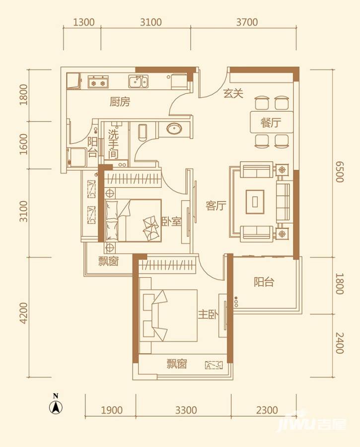 荣悦台2室2厅1卫77㎡户型图