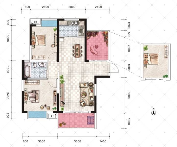 洋湖时代广场2室2厅1卫94㎡户型图