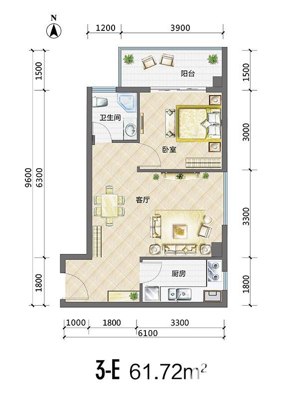 裕天国际商汇中心普通住宅61.7㎡户型图