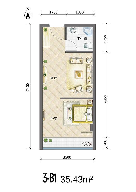 裕天国际商汇中心普通住宅35.4㎡户型图