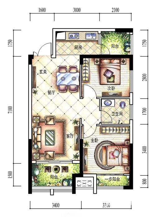 天下一家2室2厅1卫84㎡户型图