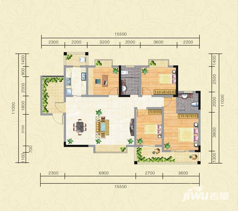 银盘鑫城4室2厅2卫132.1㎡户型图