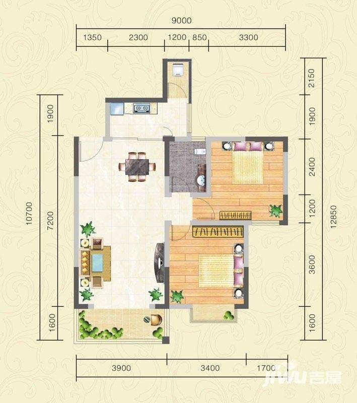 银盘鑫城2室2厅1卫82.7㎡户型图