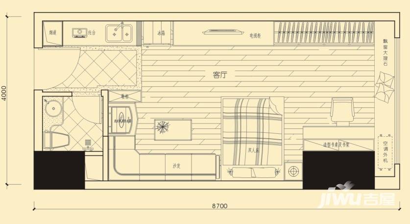 观园1室1厅1卫45.7㎡户型图