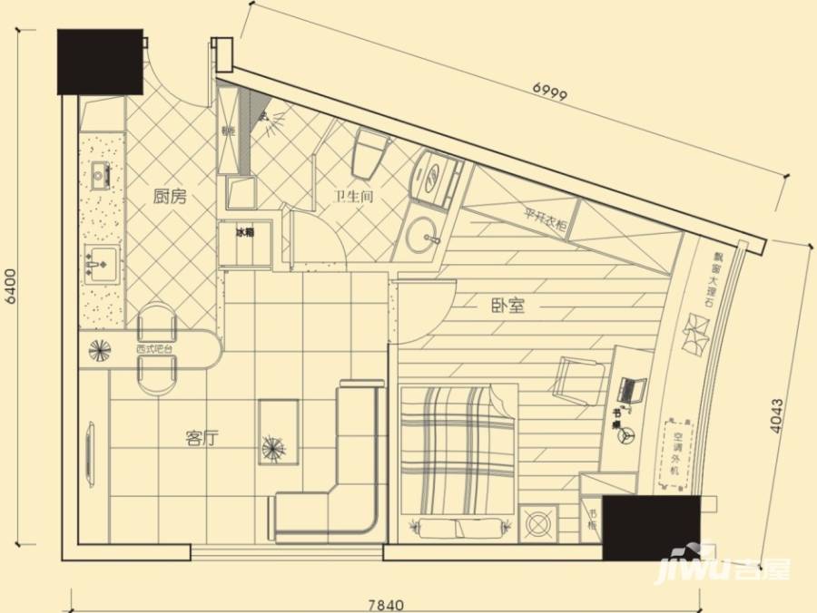 观园1室1厅1卫52.7㎡户型图