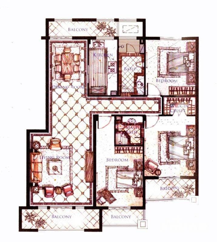 郡原望庄3室2厅2卫136㎡户型图