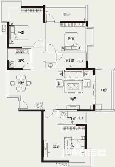 汇一紫晶城3室2厅2卫户型图