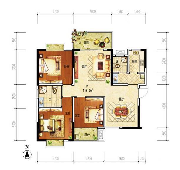 福泽园3室2厅2卫118㎡户型图