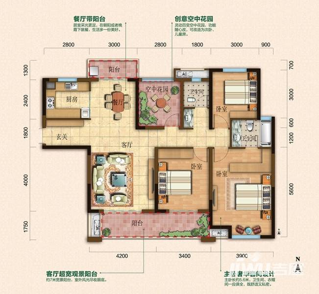 华润橡树湾3室2厅2卫139㎡户型图