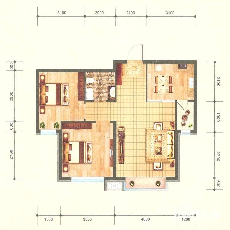 新城御景户型图 a3户型两室一厅一卫 74㎡