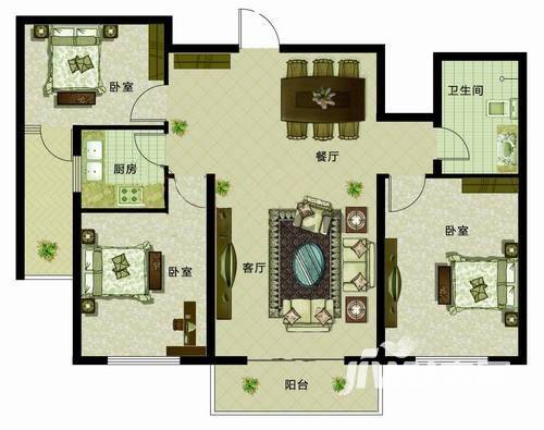 世界城一期·U乐广场3室2厅1卫116㎡户型图