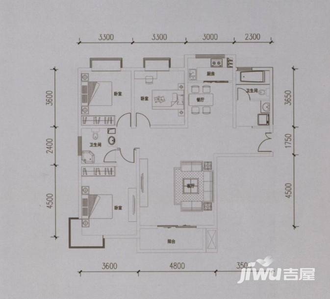 德宝国际名城3室2厅2卫140㎡户型图