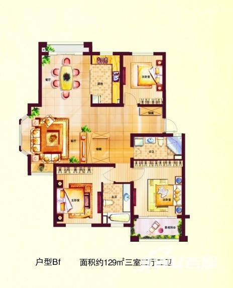东方福邸3室2厅2卫129㎡户型图