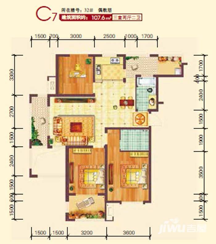 贝林阳江港湾3室2厅2卫107.6㎡户型图