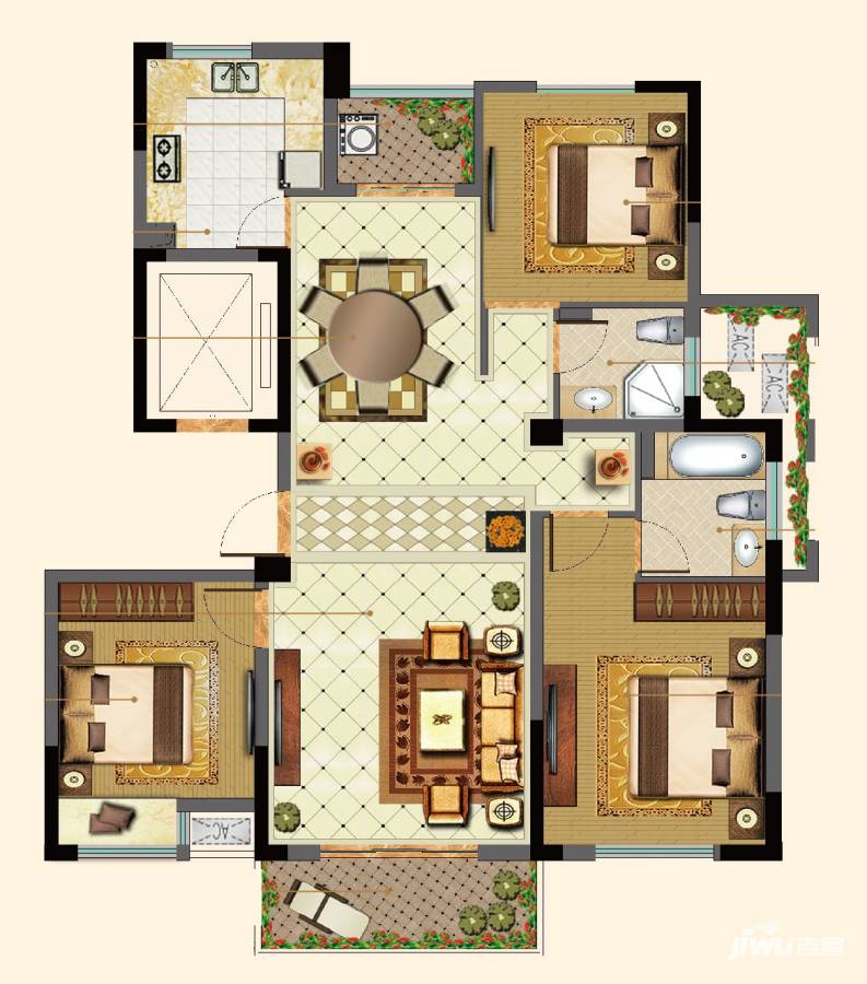 旺庭公馆3室2厅2卫131㎡户型图