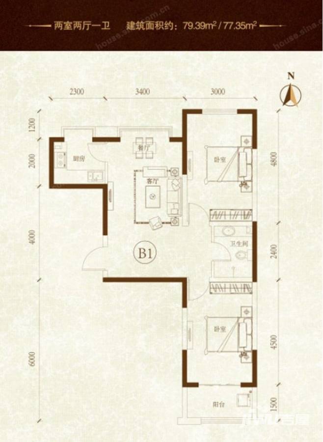 隆湾帝园普通住宅77.4㎡户型图