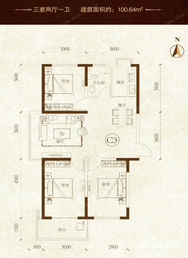 隆湾帝园3室2厅1卫100.6㎡户型图