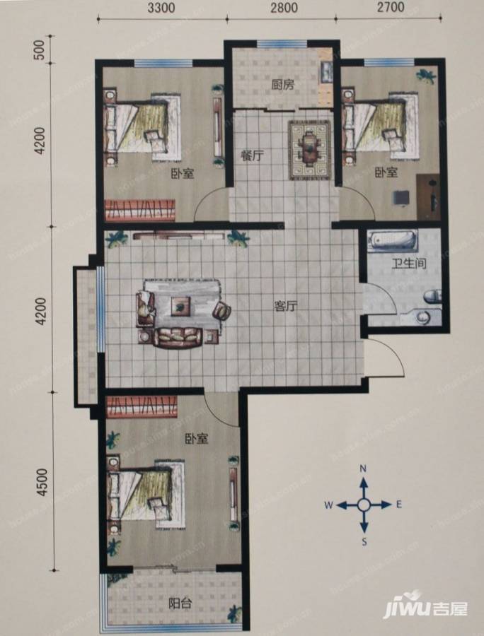 承德现代城3室2厅1卫117.3㎡户型图