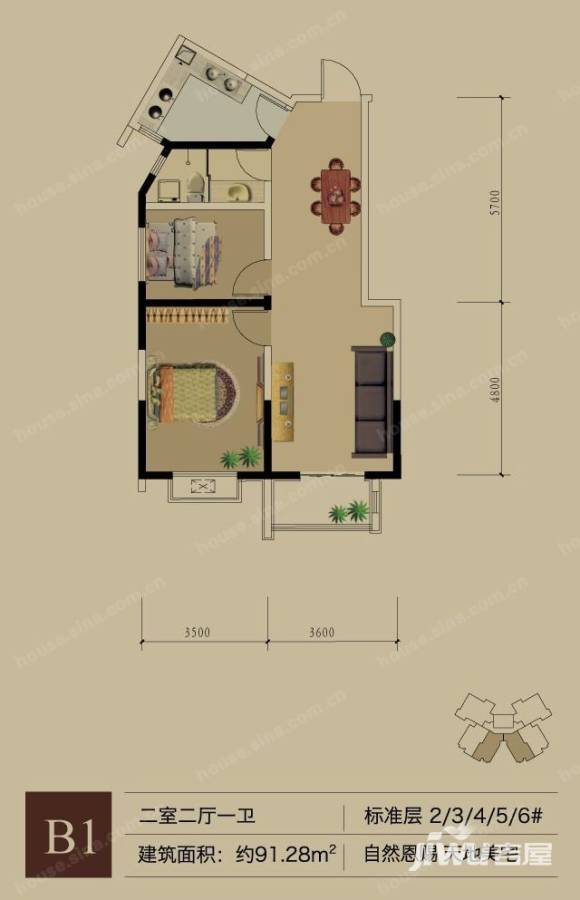 宝鼎花园普通住宅91.3㎡户型图