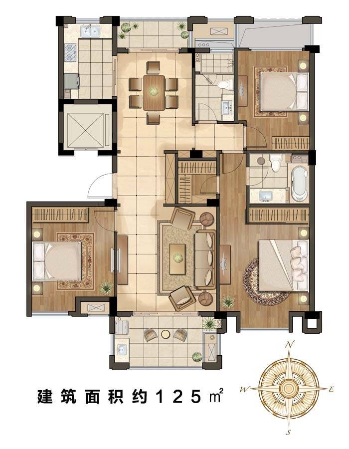 坤和求是里3室2厅2卫125㎡户型图