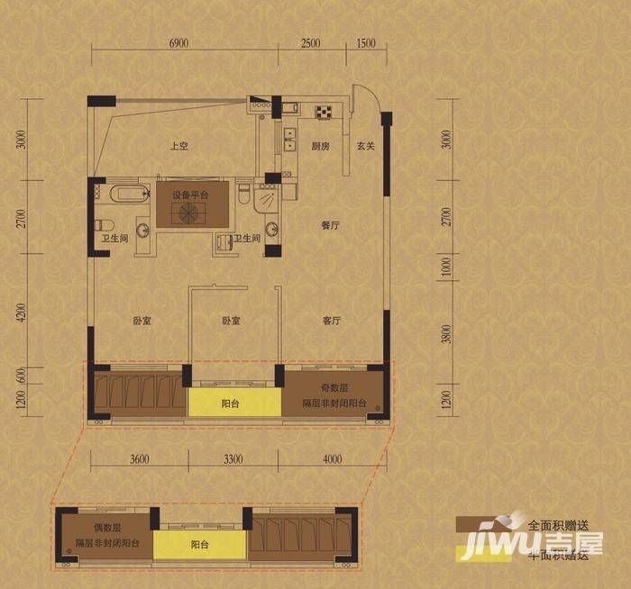 顺发江南丽锦2室2厅2卫103㎡户型图