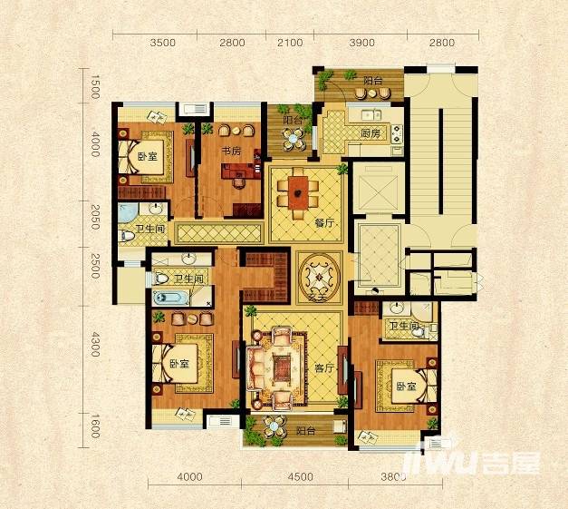 开元广场铂雅公馆4室2厅3卫178㎡户型图