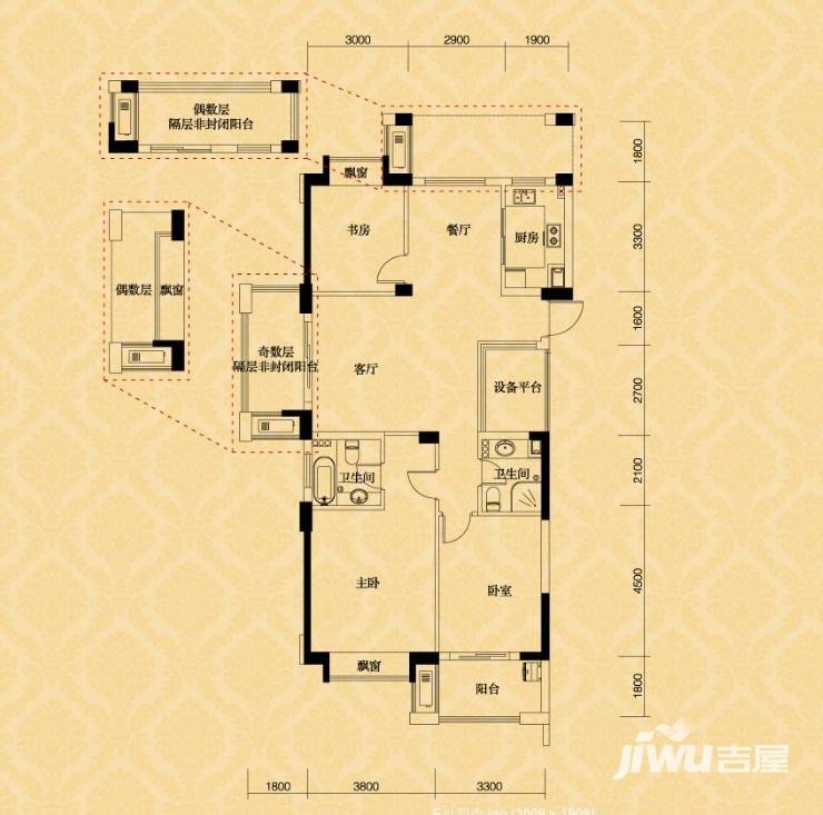 顺发堤香3室2厅2卫128㎡户型图