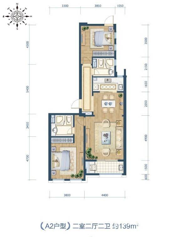 绿城西溪诚园2室2厅2卫139㎡户型图