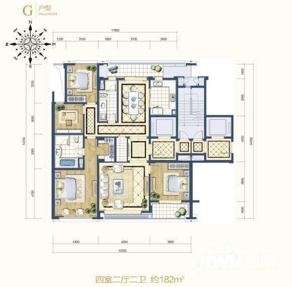 绿城西溪诚园4室2厅2卫182㎡户型图