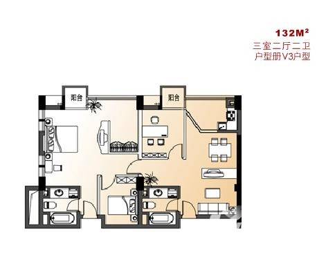 贺田尚城璟湾3室2厅3卫132㎡户型图