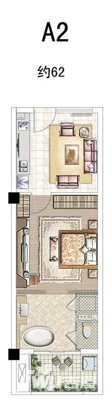 华元天鹅堡1室1厅1卫62㎡户型图