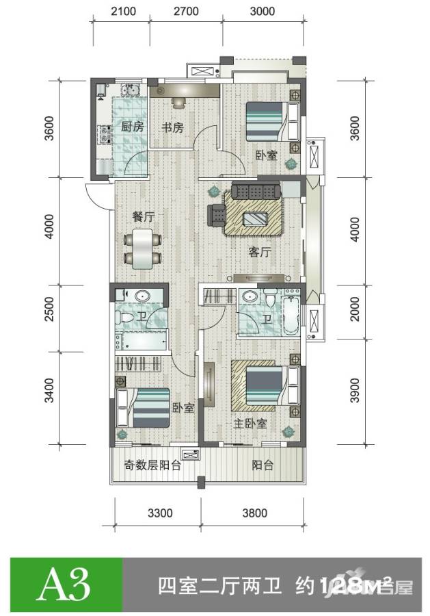 圣奥领寓普通住宅128㎡户型图