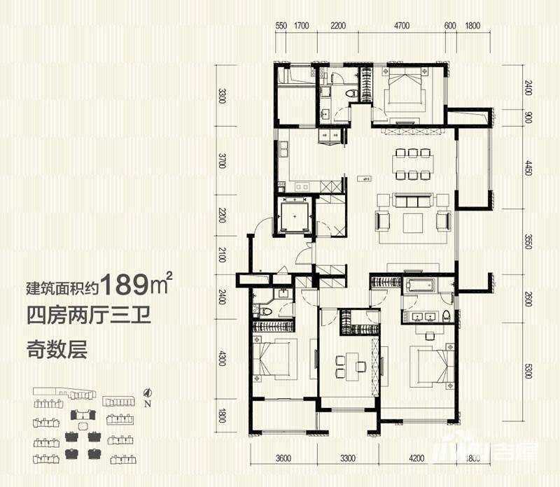 富力西溪悦居4室2厅3卫189㎡户型图