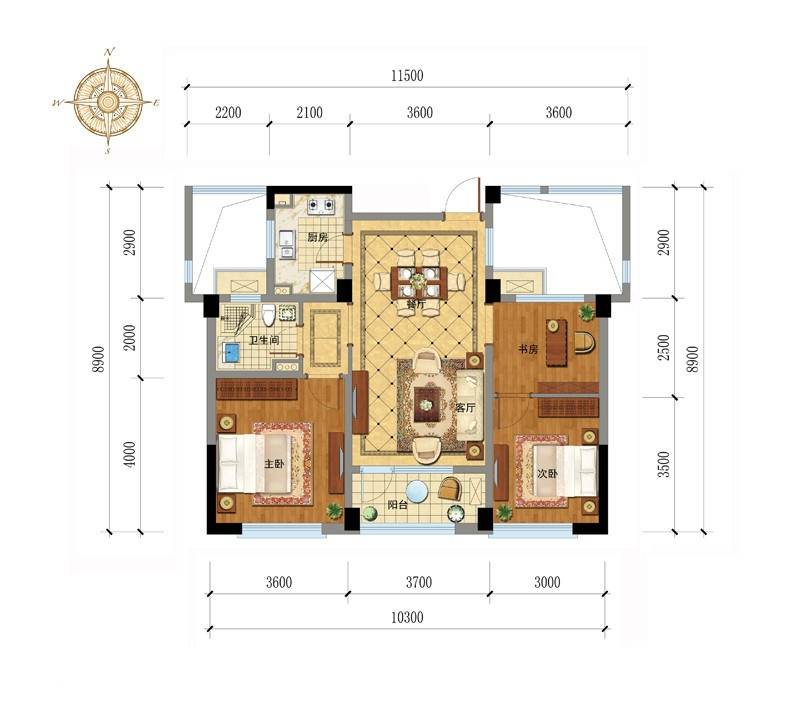 绿城蓝庭小日子3室2厅1卫104㎡户型图