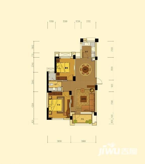 绿城蓝庭伍重院2室2厅1卫户型图