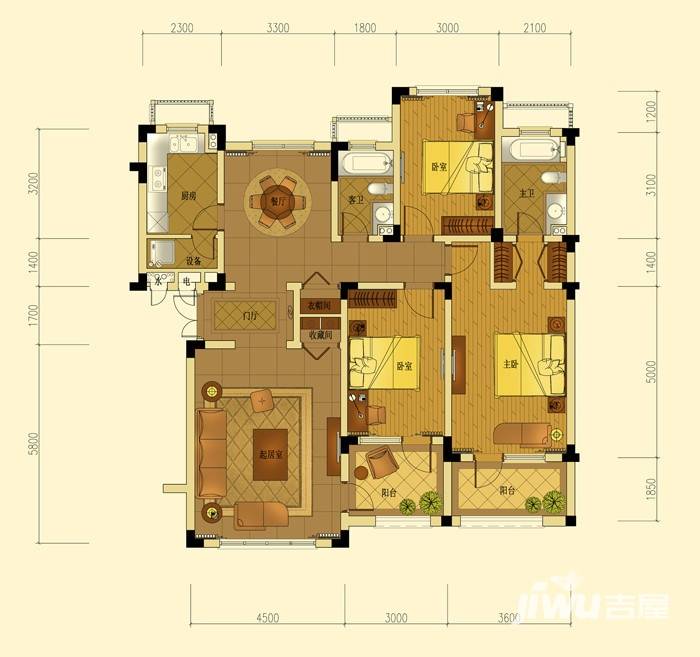 绿城蓝庭伍重院3室2厅2卫户型图