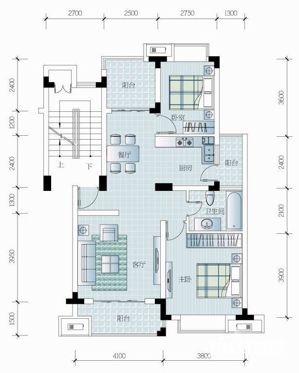 科尔南城景园2室2厅1卫88.4㎡户型图