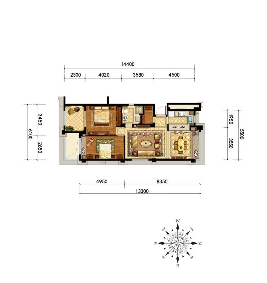 中企艮山府2室2厅1卫88㎡户型图