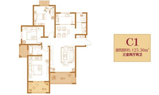 万创公园城邦3室2厅2卫125.3㎡户型图