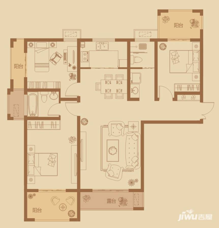 万创公园城邦3室2厅2卫129.5㎡户型图