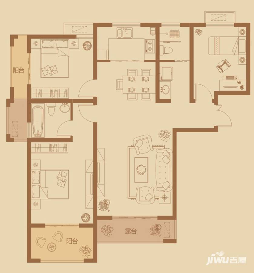 万创公园城邦3室2厅2卫124.4㎡户型图