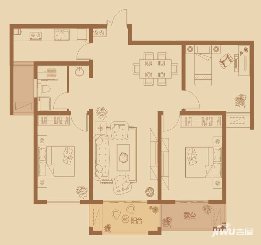 万创公园城邦3室2厅1卫117.3㎡户型图