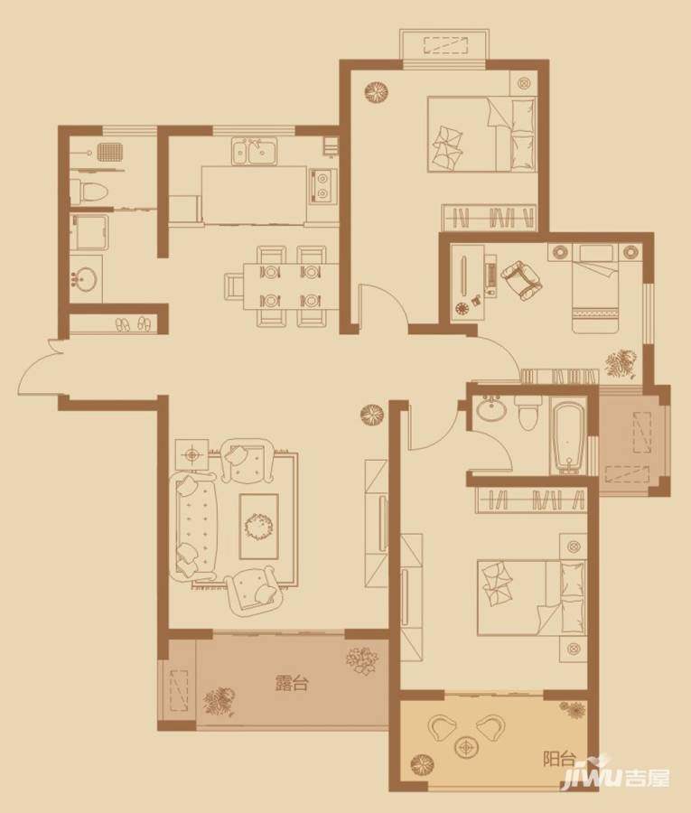 万创公园城邦3室2厅2卫128.1㎡户型图