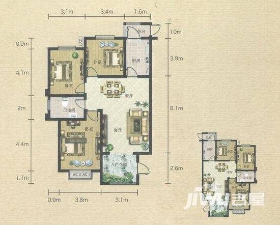 奥园康城3室2厅1卫128㎡户型图