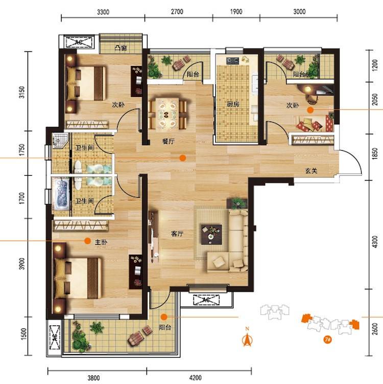 加州橘郡住宅3室2厅2卫118㎡户型图