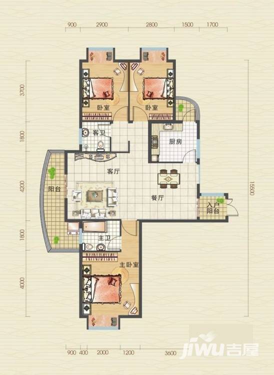 汉口北卓尔生活城3室2厅2卫122.3㎡户型图