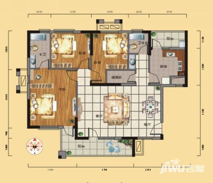 龙阳1号3室2厅2卫127㎡户型图