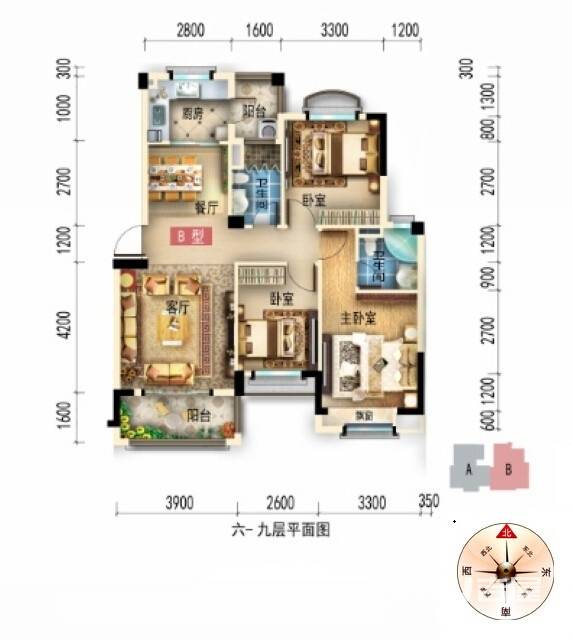 碧桂园生态城3室2厅2卫105㎡户型图